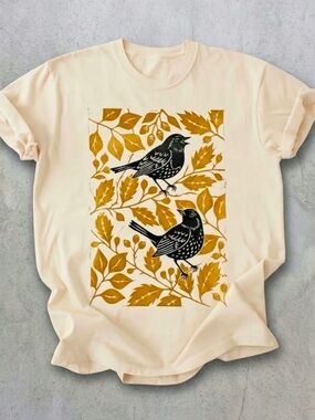 Gildan Cream Tee with Mustard Yellow
Leaves and Black Bird Design